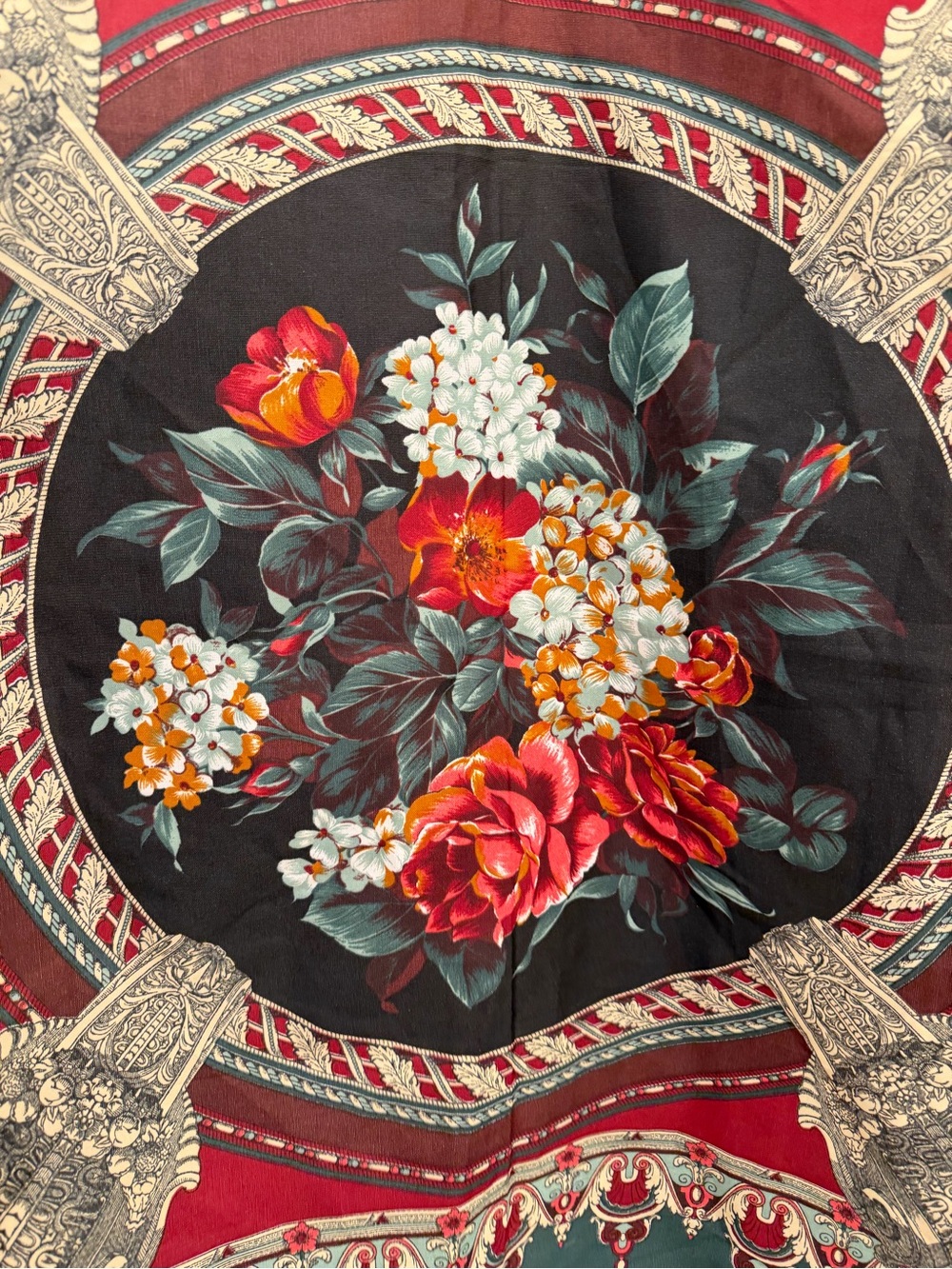 Vintage 80s Baroque Renaissance Floral Square Scarf Green Red Cream Gold Cottage - Picture 3 of 12